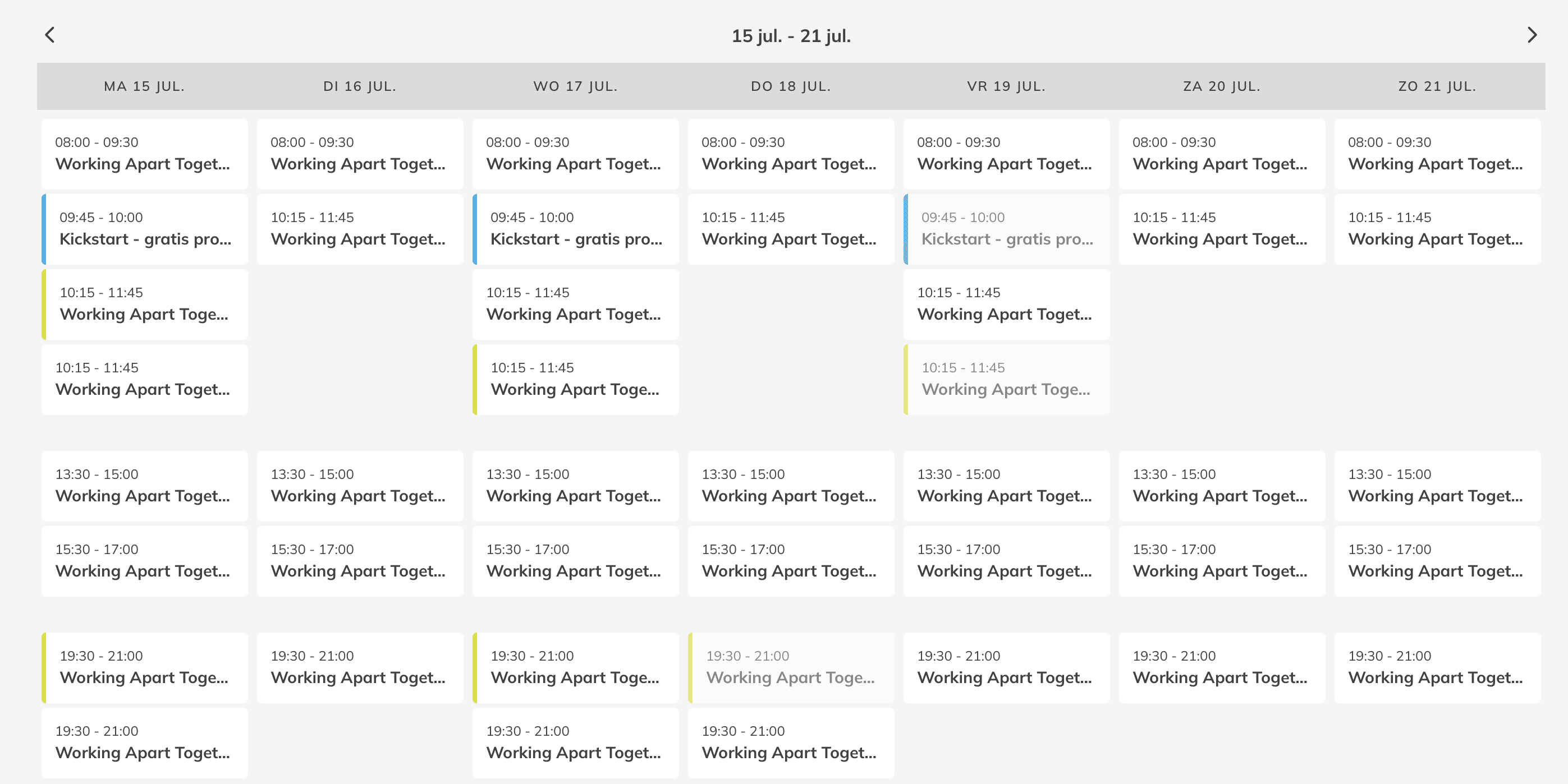 weekrooster met alle sessies van het Scriptielokaal